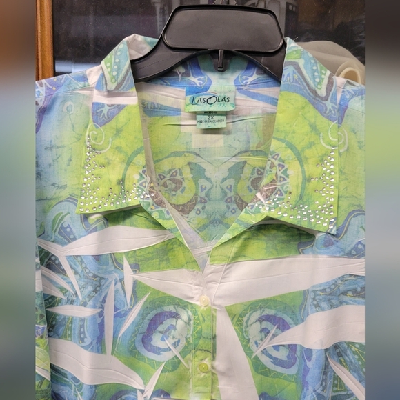 Las Olas 2X Green Blue Button Up 3/4 Sleeve - Picture 6 of 7